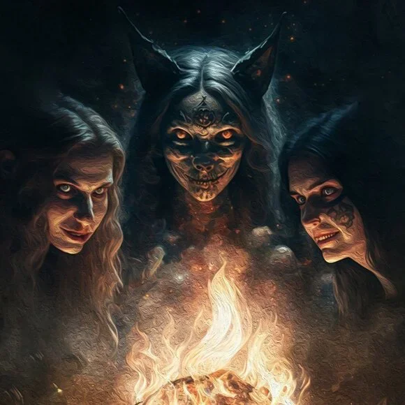 8x8 Witches Around Fire Dark Ritual Fantasy Art Watercolor Oil Painting Print - Picture 6 of 6